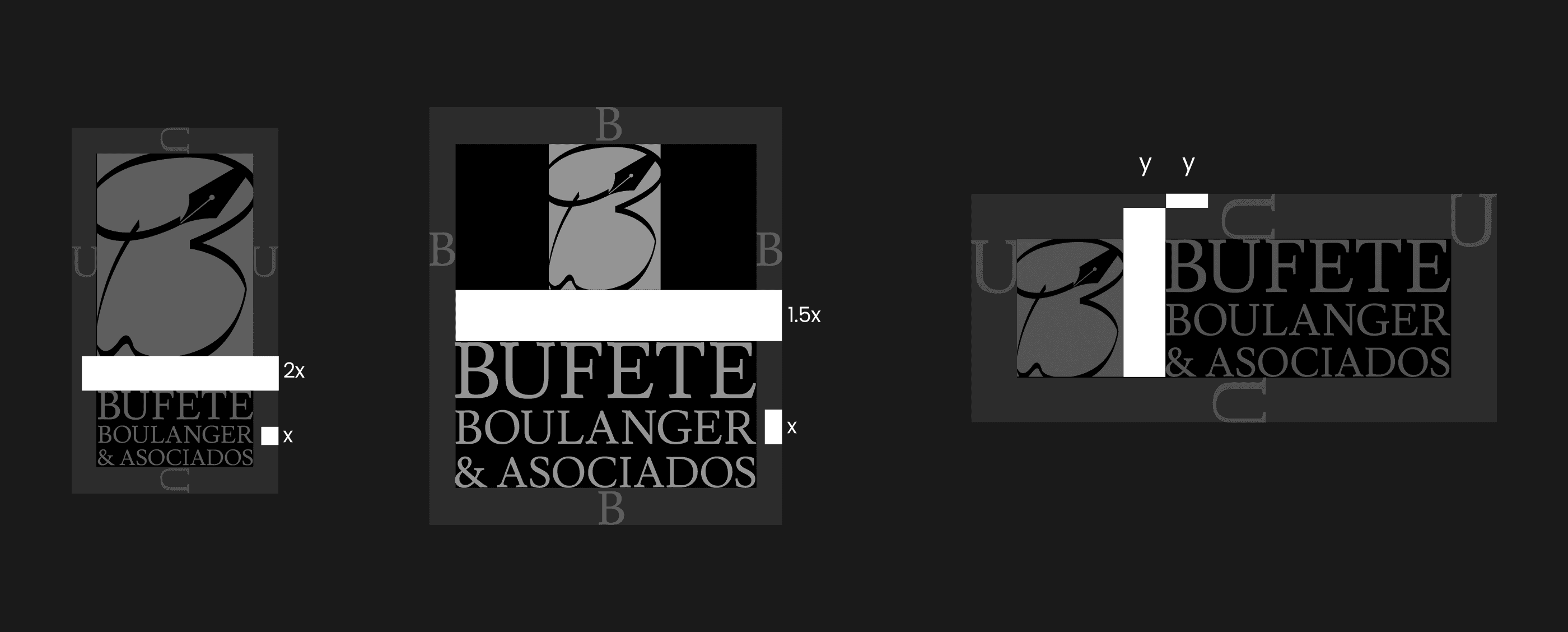 Bufette Boulanger logo variations and scale studies across light and dark backgrounds